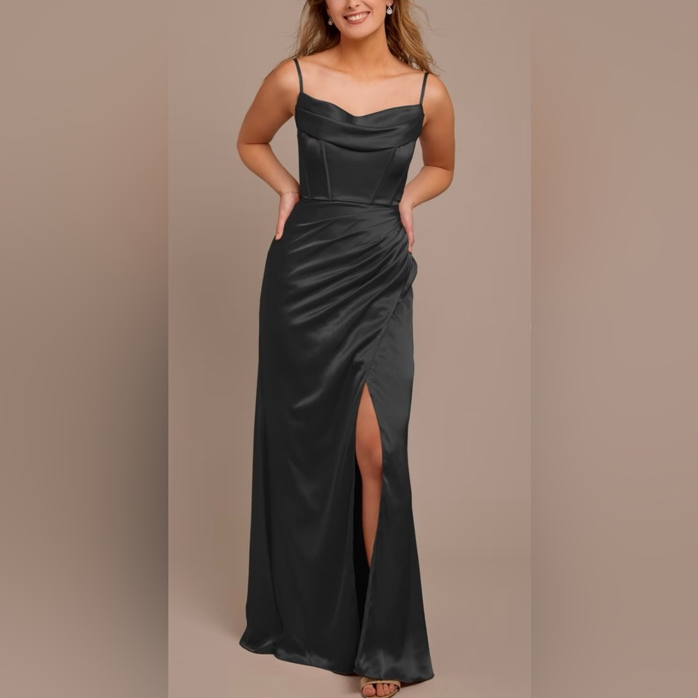 Black Satin Corset Gown with Slit - Bridesmaid Dress or Wedding Guest Dress